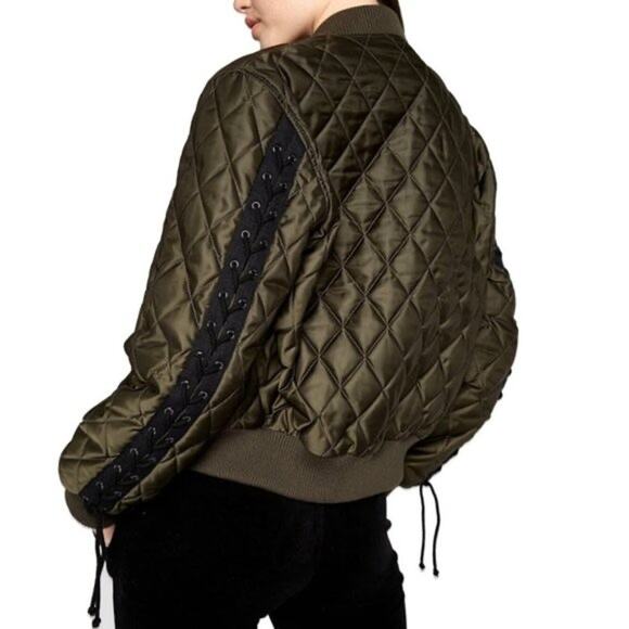 Pam & Gela Women’s Green Quilted Bomber Jacket NWT Size Large